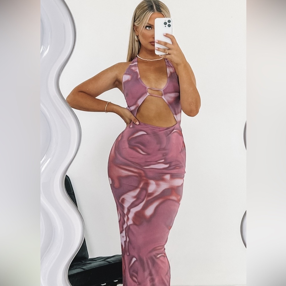 Beginning Boutique Brown Pink Print Midi Dress